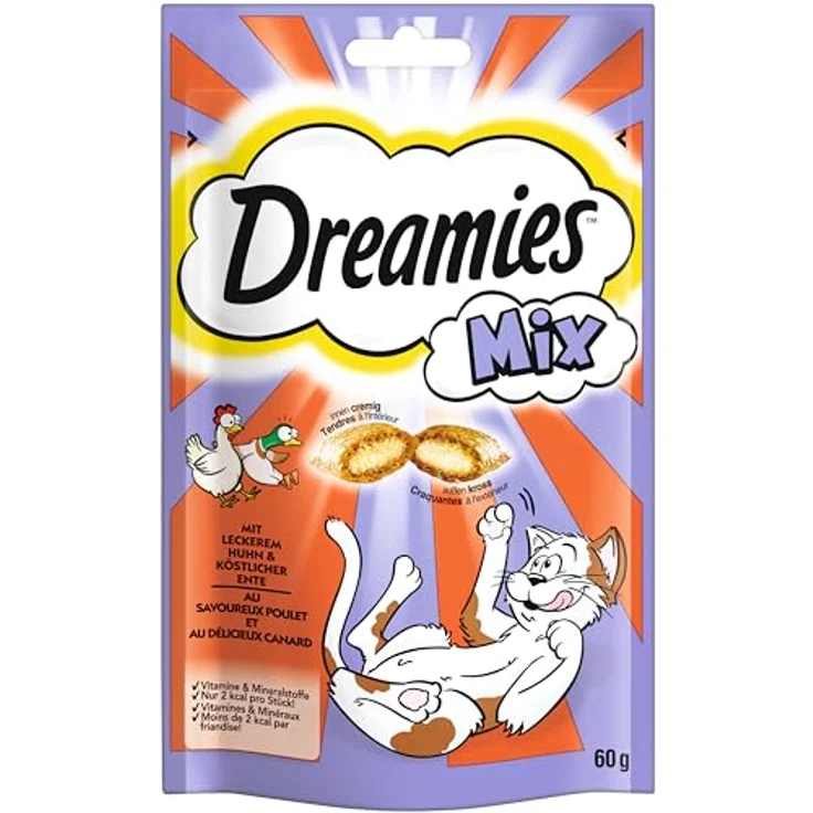 Dreamies Katzensnack Mix mit Huhn und Ente, cremiger Kern und knusprige Hülle, 6x60g – Bild 2
