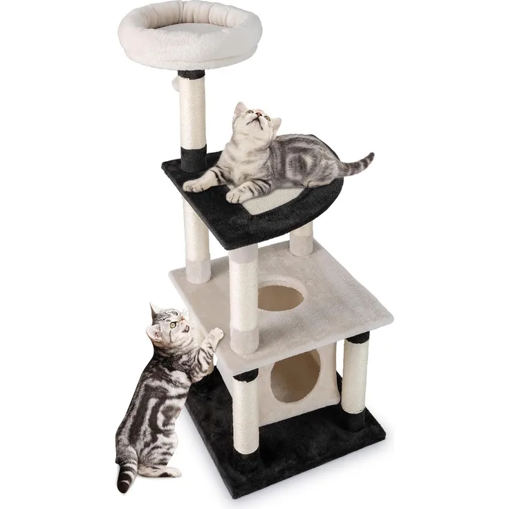 GOPLUS 124 cm Kratzbaum, Katzenbaum mit Sisal-Kratzpfosten, Katzenhaus und Plattform, schwarz-beige, für mehrere Katzen