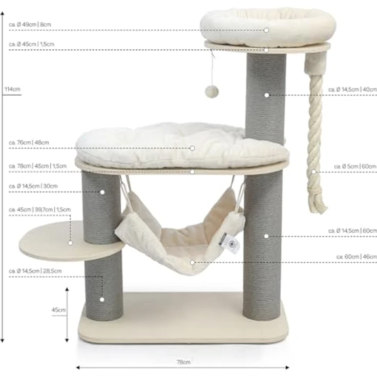 CanadianCat Company Kratzbaum Vale, beige, mit gepolsterten Liegeflächen, Hängematte und stabilen Kratzsäulen, 78 x 45 x 114 cm – Bild 2