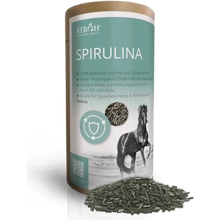 STRÖH Spirulina Pellets für Pferde, 1,3 kg, 100% pflanzliches Futter mit hohem Eiweißgehalt, unterstützt Muskelaufbau und Vitalität