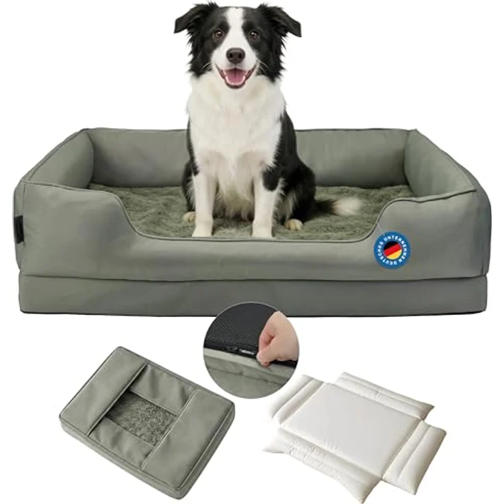 Zedelmaier orthopädisches Hundebett für mittelgroße Hunde, L 90×64cm, Militärgrün, extra dicke Schaumstoffmatratze, wasserdichte Schutzschicht, abnehmbarer Bezug – Bild 1