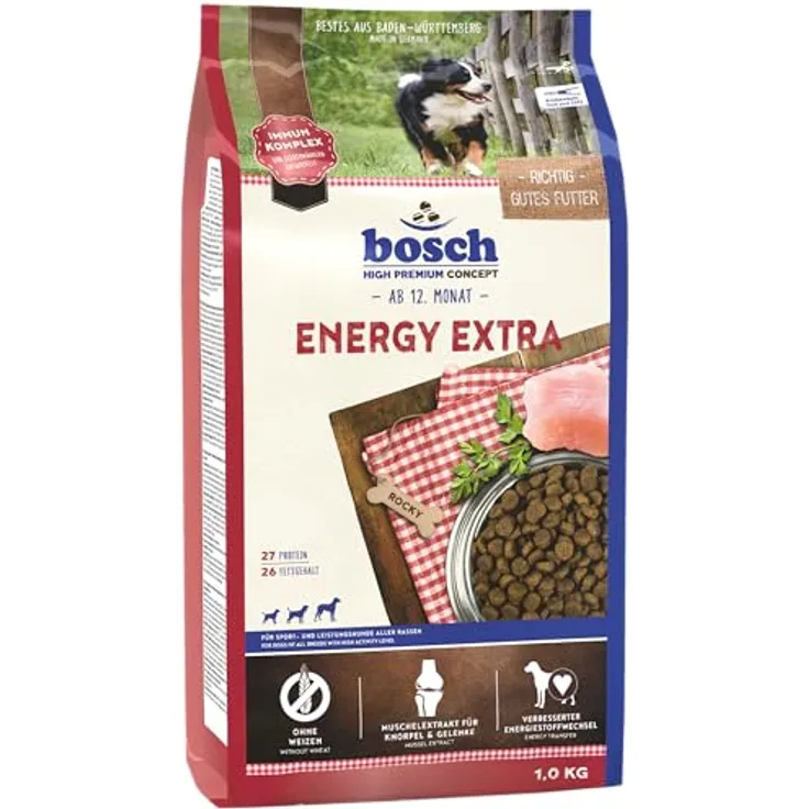 bosch HPC Energy Extra, Hundetrockenfutter für Sport- und Leistungshunde, weizenfrei, hohe Energiekonzentration, 1 x 1 kg
