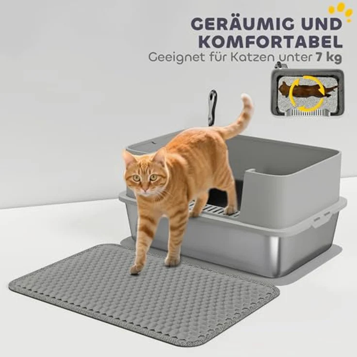 PawHut Katzentoilette Edelstahl Offene Katzenklo mit Schaufel, hohe Wände und Matte, für große Katzen bis 7 kg, 60,2 x 40,2 x 29,5 cm, Grau – Bild 6