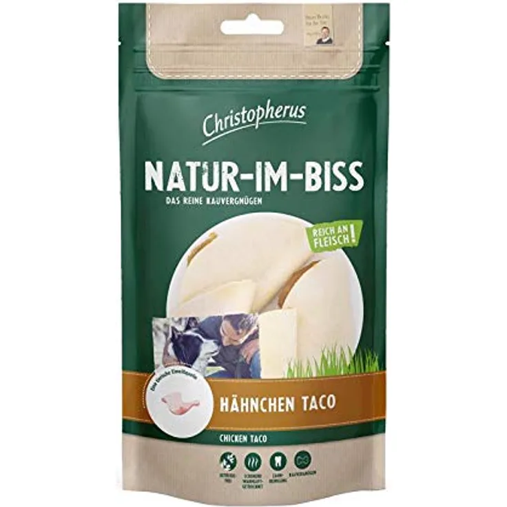 Christopherus Snack Hähnchen Tacoo, 12x 65g hochwertiger Hundesnack mit 62% Hähnchenfleisch und Rinderrohhaut