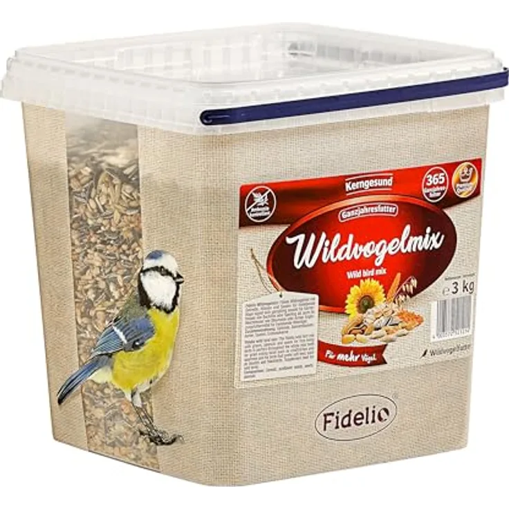 Fidelio Wildvogelfutter Wildvogelmix, proteinreiches und energiereiches ganzjähriges Vogelfutter im wiederverschließbaren Eimer, 3 kg