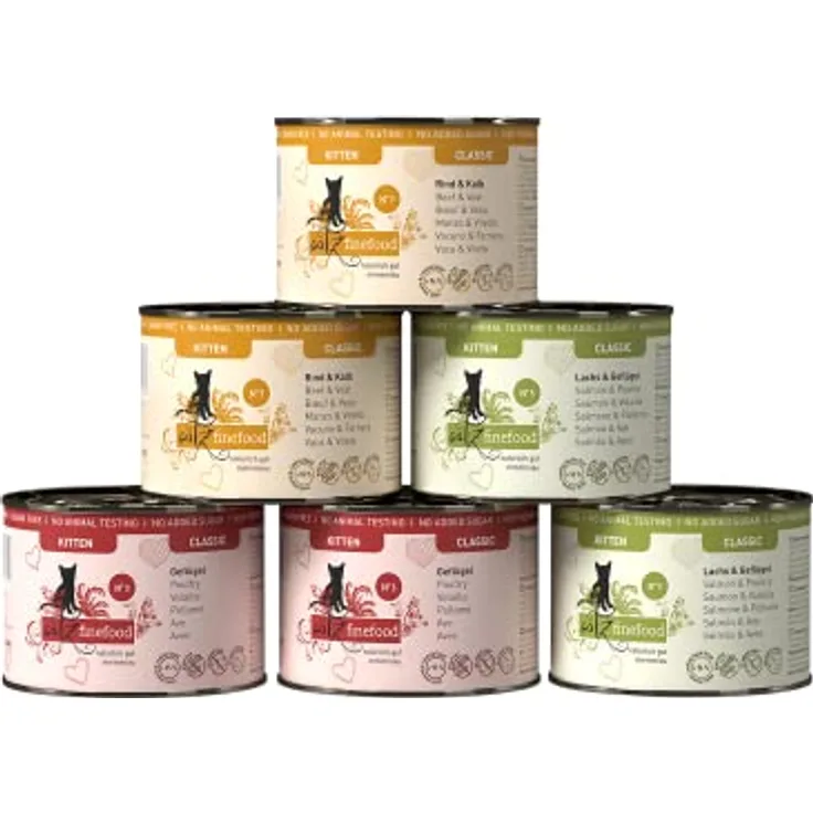 catz finefood Kitten Multipack, Nassfutter für junge Katzen, getreidefrei und zuckerfrei, 90% Fleischanteil, 6 x 200 g Dosen