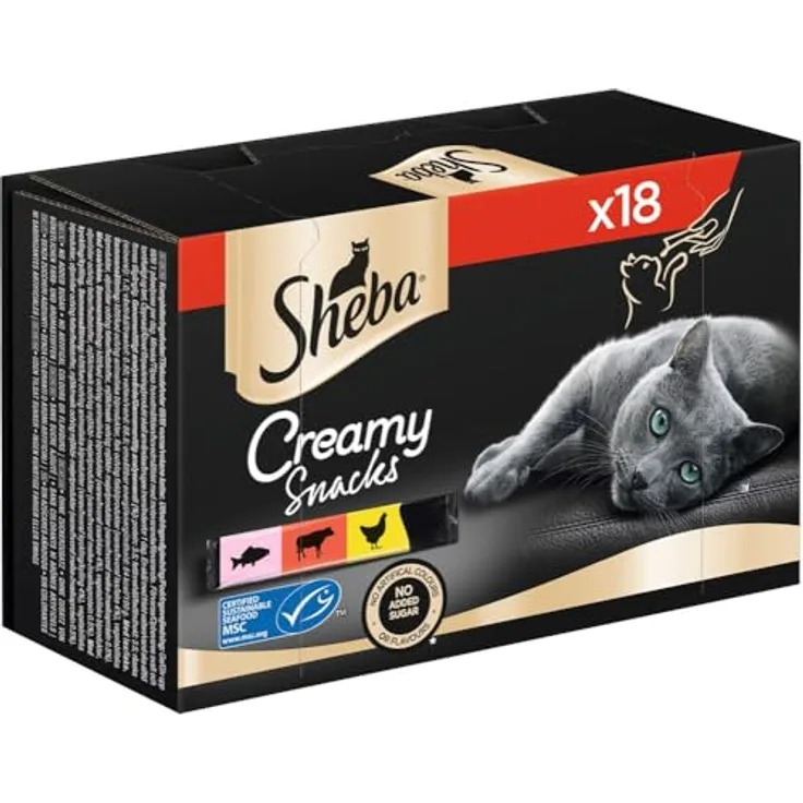 Sheba Creamy Snacks Multipack, Katzenfutter mit 3 Sorten (Huhn, Lachs, Rind), 18x12g