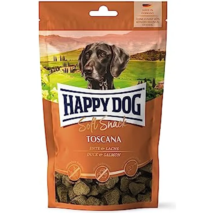 Happy Dog SoftSnack Toscana, Hundefutter mit Entenfleisch und Lachs, 100 g, fettarm und mit mediterranen Kräutern