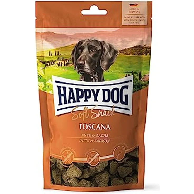 Happy Dog SoftSnack Toscana, Hundefutter mit Entenfleisch und Lachs, 100 g, fettarm und mit mediterranen Kräutern – Bild 1