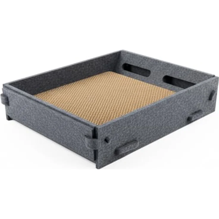 Lyveo Katzenbett 3-in-1 mit austauschbarem Kratzbrett aus Pappe, 43×33×8 cm, grau, inkl. Spielball – ideal für Schlafen, Spielen & Kratzen – Bild 1