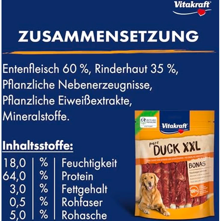Vitakraft Pure Duck Bonas Sticks XXL, getreidefreier Hundesnack mit Entenfleisch, 200g – Bild 3