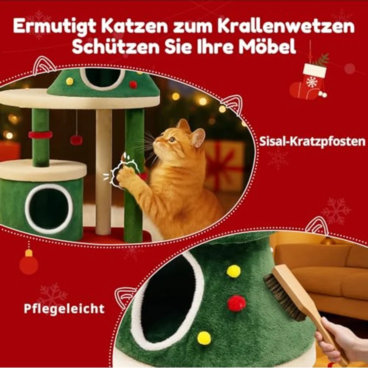 COMHOMA Kratzbaum Weihnachtsbaum-Design 123cm, stabiler Katzenturm mit Sisal-Kratzsäulen, mehrstöckiges Katzenhaus mit Plattformen und Spielball – Bild 3
