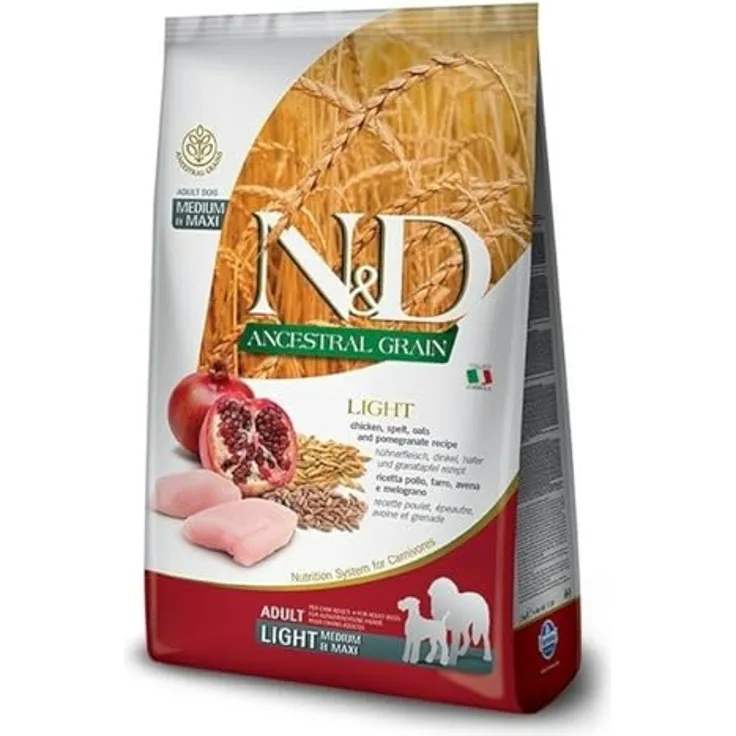 Farmina N&D Ancestral Grain Hundefutter, getreidearm mit Huhn & Granatapfel, LIGHT, für mittelgroße und große Hunde, 12 kg