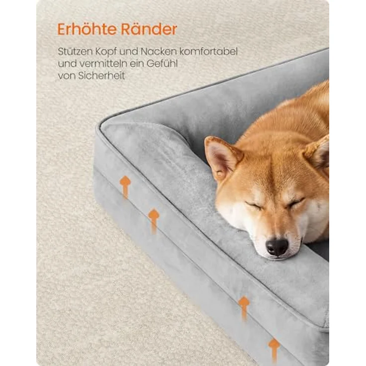 Feandrea Orthopädisches Hundebett PGW322GD01, Hundekissen L mit erhöhter Randpolsterung, Noppenschaumstoff, abnehmbarer Bezug, waschbar, rutschfest, wasserabweisend, Taubengrau, 89 x 63 x 16 cm – Bild 4