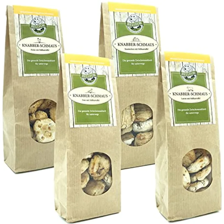 Bellfor Knabber-Schmaus, Gesunde Hundekekse im Sparset, 4 x 100 g, getreidefrei und glutenfrei, ideal für Allergiker und empfindliche Hunde