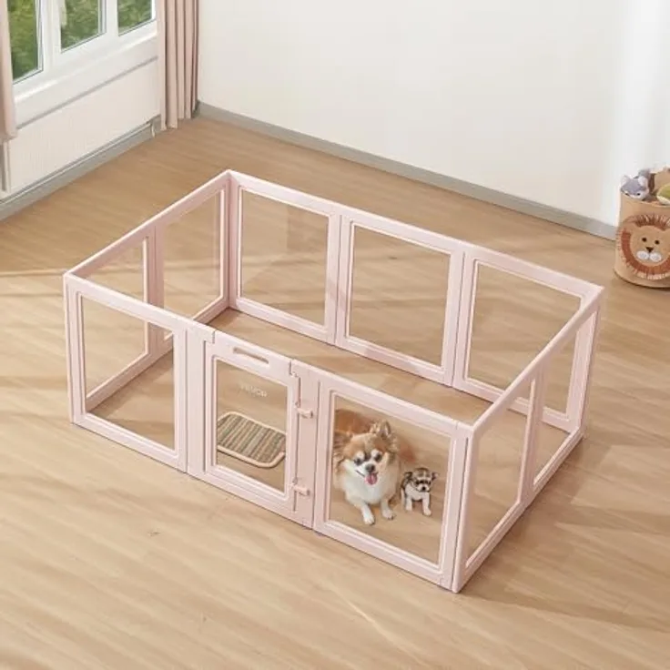 VEVOR Wurfkiste für Welpen, 1540x1000x600 mm, transparenter Laufstall mit pinkem Rahmen, Schloss und stabiler Struktur für mittelgroße Hunde