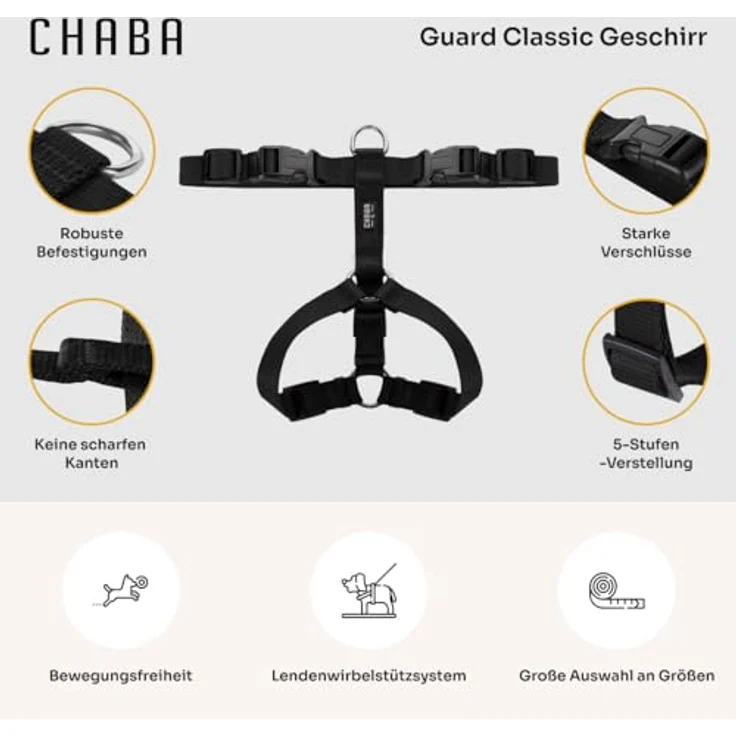 Chaba Guard Hundegeschirr M, Classic Step-in Brustgeschirr für kleine und mittelgroße Hunde, Anti-Zug & Würgen, verstellbar, bequem und leicht, schwarz – Bild 4