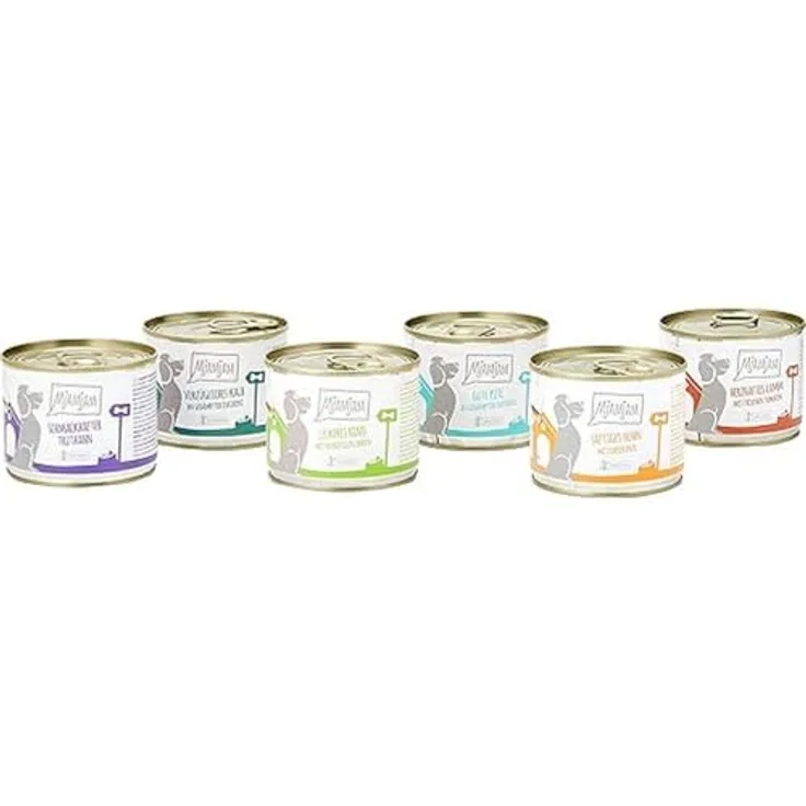 MjAMjAM Premium Nassfutter für Hunde Mixpaket II, mit Huhn & Ente, Rind, Pute, Kalb, Truthahn, Lamm, 6er Pack (6 x 200 g), naturbelassen, glutenfrei, extra hoher Fleischanteil