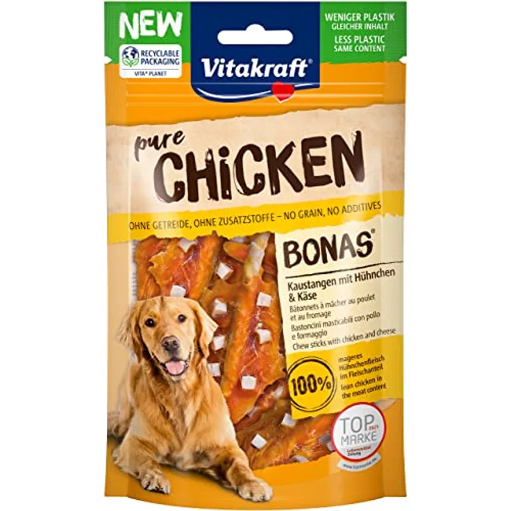 Vitakraft Chicken Bonas, Kaustangen aus Rinderhaut mit Huhn und Käse, 80g, zuckerfrei und ohne Zusatzstoffe