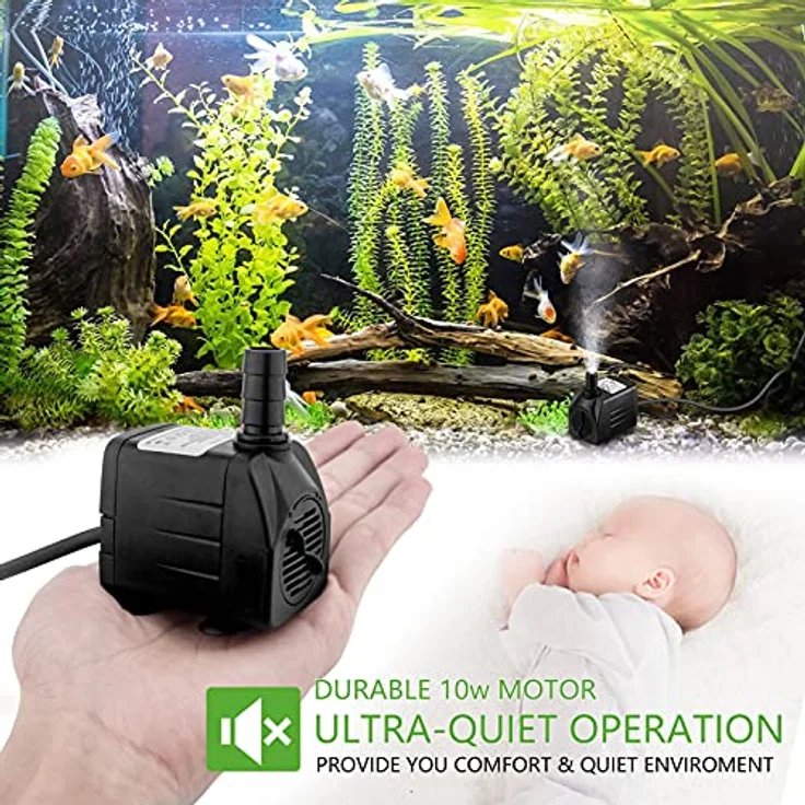 COKDEZ Mini Wasserpumpe, 600L/H, 10W, ultra leise mit 1,5 m Netzkabel, 2 Düsen, für Aquarien, Teich, Brunnen, Hydrokultur – Bild 3
