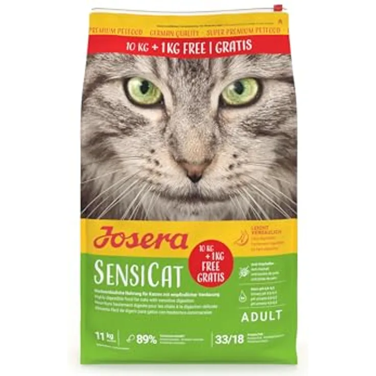 Josera SensiCat Adult, Premium Trockenfutter für empfindliche Katzen, Geflügel & Reis, weizenfrei, 1 x 10 + 1 kg Packung