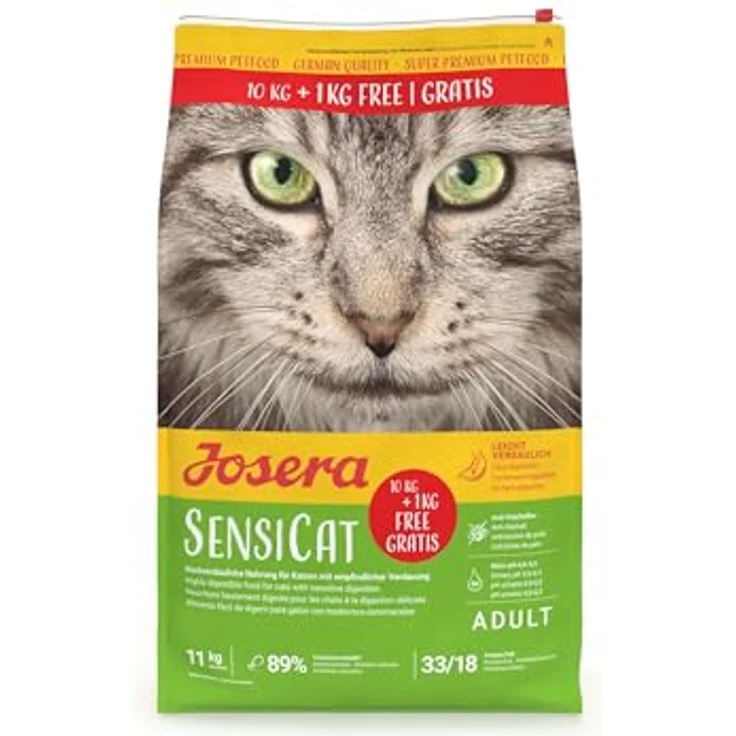 Josera SensiCat Adult, Premium Trockenfutter für empfindliche Katzen, Geflügel & Reis, weizenfrei, 1 x 10 + 1 kg Packung