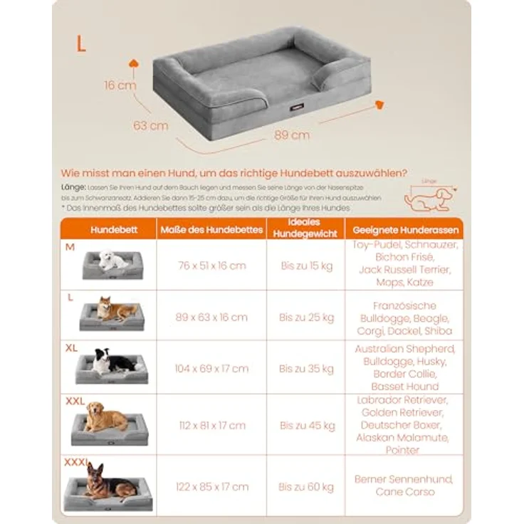 Feandrea Orthopädisches Hundebett PGW322GD01, Hundekissen L mit erhöhter Randpolsterung, Noppenschaumstoff, abnehmbarer Bezug, waschbar, rutschfest, wasserabweisend, Taubengrau, 89 x 63 x 16 cm – Bild 5