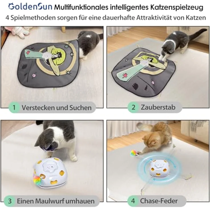 GoldenSun Katzenspielzeug 4-in-1 interaktiv, Aufladbares Selbstspielzeug mit 3 DIY-Ersatzfedern für Katzen – Bild 2