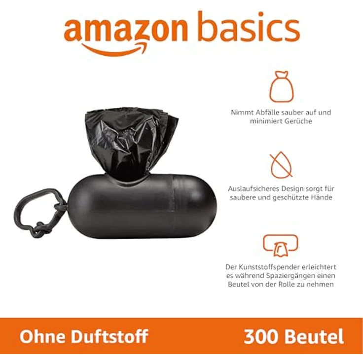 Amazon Basics Hundekotbeutel, strapazierfähig mit Spender und Leinenclip, unparfümiert, 300 Beutel (20 Packungen mit je 15 Beuteln), Schwarz – Bild 2