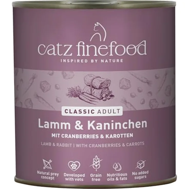 catz finefood N° 11 Lamm & Kaninchen Feinkost Katzenfutter, nass, 49% Lamm, 21% Kaninchen, verfeinert mit Cranberries & Karotte, 6 x 800g Dosen