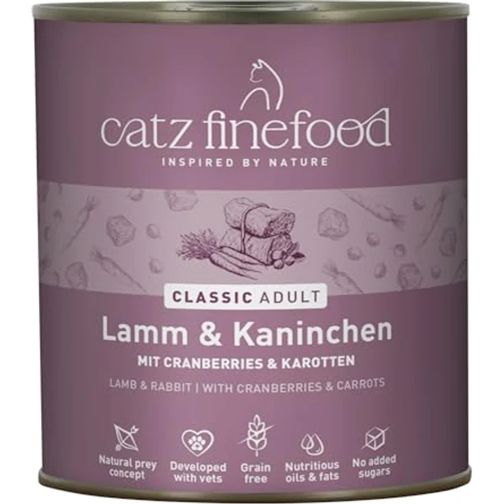 catz finefood N° 11 Lamm & Kaninchen Feinkost Katzenfutter, nass, 49% Lamm, 21% Kaninchen, verfeinert mit Cranberries & Karotte, 6 x 800g Dosen – Bild 1