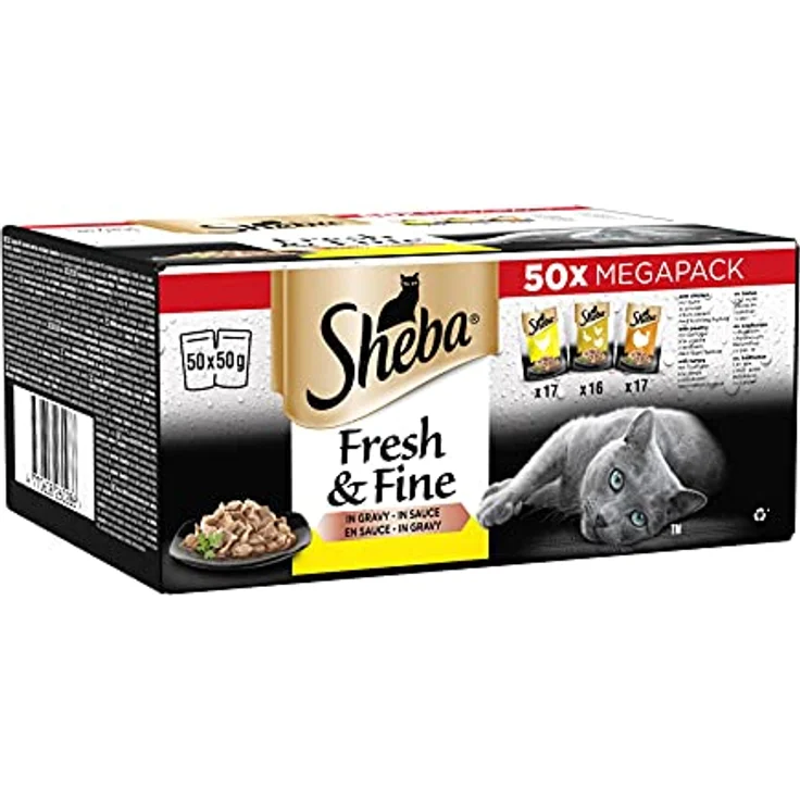 Sheba Fresh & Fine, Multipack Portionsbeutel mit drei Varietäten (Huhn, Geflügel, Truthahn) in Sauce, 50x50g, 100% natürgenuss – Bild 3