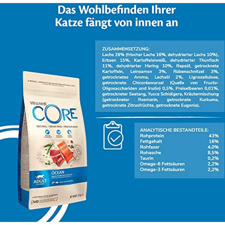 Wellness CORE Ocean, Katzenfutter trocken mit Lachs & Thunfisch, 1,75 kg, getreidefrei, ohne Zuckerzusatz, hoher Fleischanteil, fördert glänzendes Fell – Bild 3