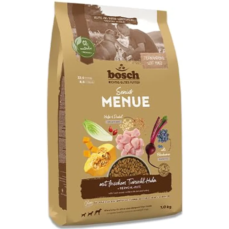 Bosch HPC MENUE Senior, Hundetrockenfutter mit 50% Tierwohl-Huhn, Dinkel & Hafer für ältere Hunde, 1 x 12 kg