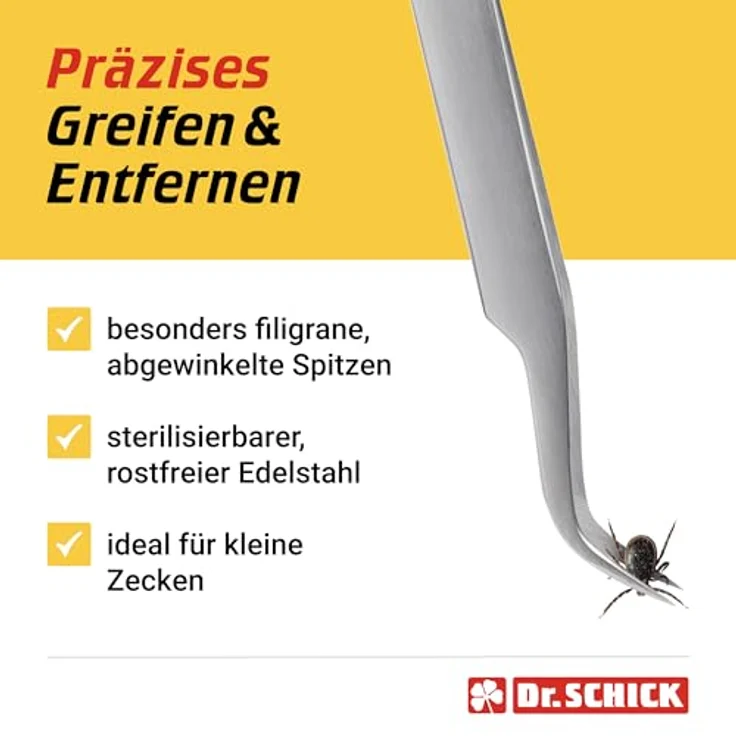 Dr. SCHICK Zeckenpinzette, Edelstahl mit abgewinkelten Spitzen, präzise Zeckenentfernung für Menschen und Tiere – Bild 3