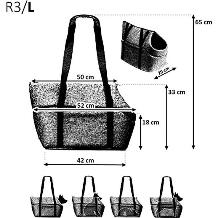 BOUTIQUE ZOO Transporttasche für Hunde und Katzen, Schultertasche bis 15 kg, Grau, Kunstleder, Größe L, mit Gummiband und Karabiner – Bild 3