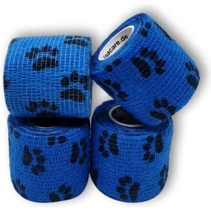 LisaCare Pfotenverband 5cm x 4,5m, 4er-Set in Blau, kohäsive und elastische Bandage, selbsthaftend, wasser- und schmutzabweisend