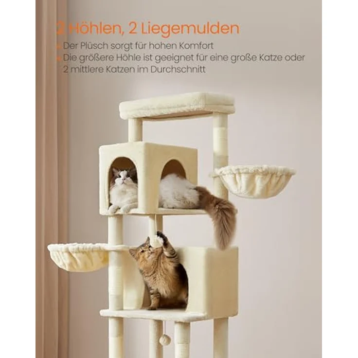 Feandrea Kratzbaum groß, 190,7 cm hoch, XXL, mehrstöckiger Katzenbaum mit 2 Höhlen, 2 Liegemulden, 5 Kratzsäulen, Katzenbürste, große Plattform, sandbeige – Bild 5