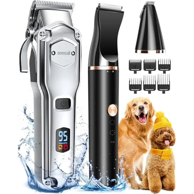 oneisall 3 in 1 Hundeschermaschine für dickes Fell, Profi Hochleistungs-Haarschneider Set, leise kabellos, IPX7 wasserdicht, Silber – Bild 1