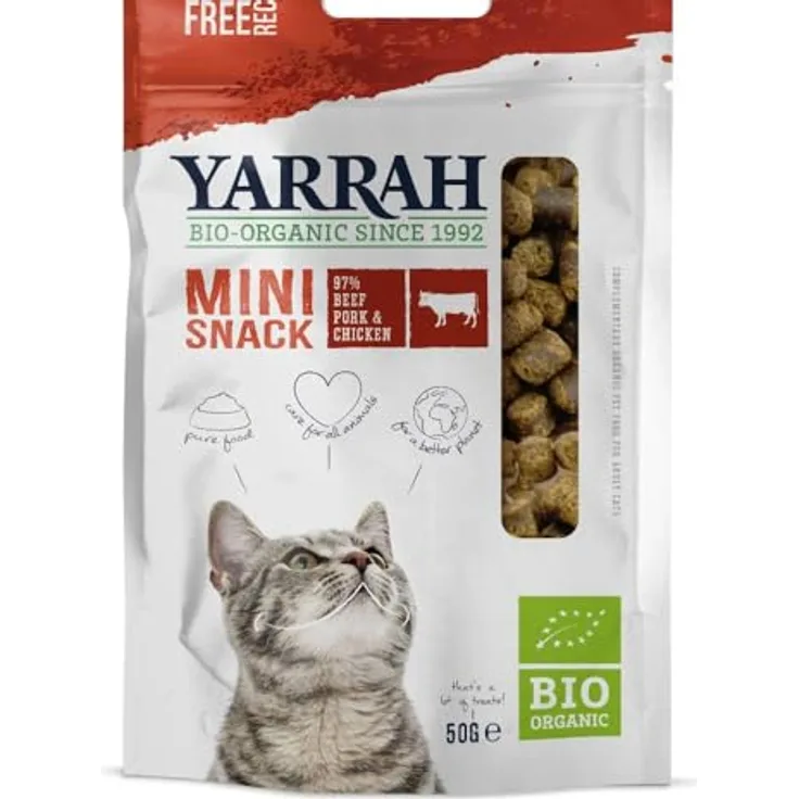 YARRAH Bio Mini Snack für Katzen, 50 g, 97% Fleisch, getreidefrei, wiederverschließbare Verpackung