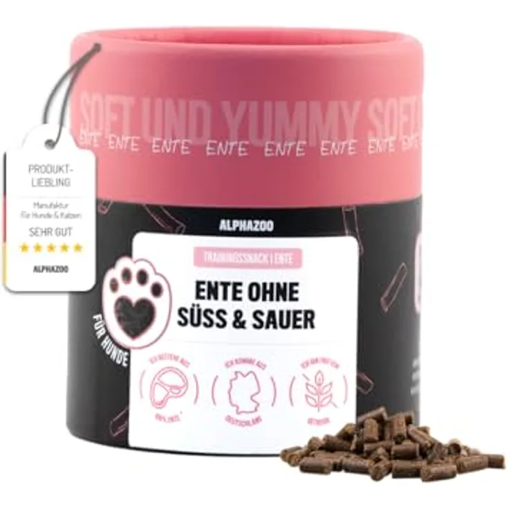 alphazoo Ente Ohne Süß & Sauer 65g, Getreidefreie und Zuckerfreie Softe Hundeleckerli mit hohem Fleischanteil, Natürliche Snacks für Training & Belohnung