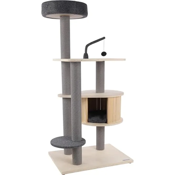 Flamingo Kratzbaum Kandis, stilvoller Kratzbaum für Katzen mit Spielzeug, grau/beige