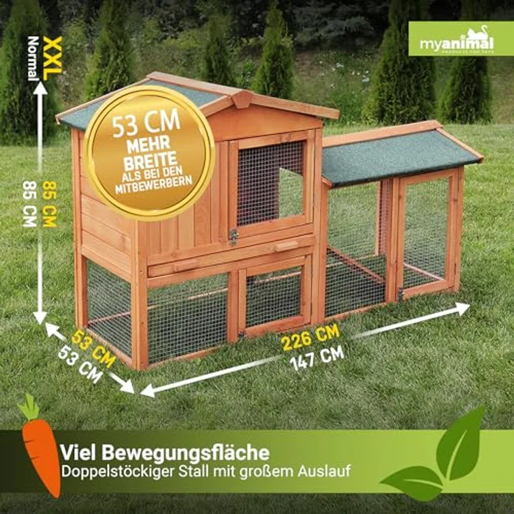 Miweba MyAnimal Hasenstall MH-03, Kaninchenstall mit Freilaufgehege, wetterfest, imprägniertes Holz, braun, 147 x 53 x 85 cm – Bild 3