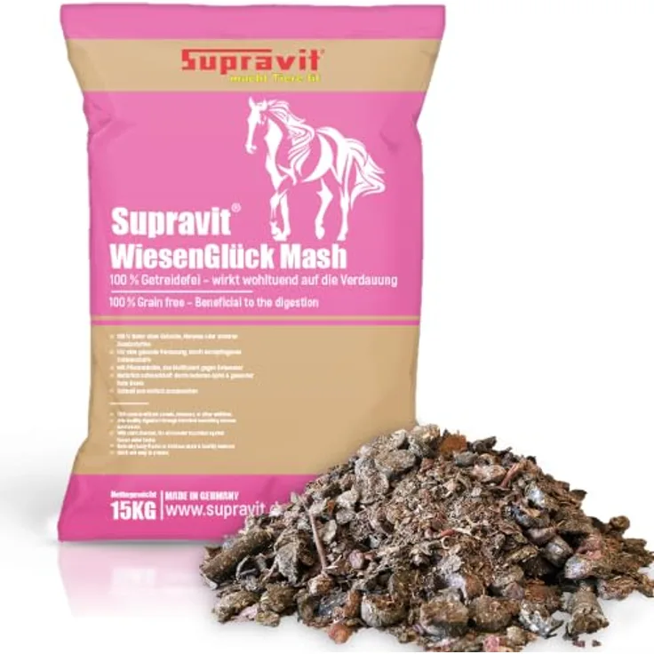 Supravit WIESENGLÜCK getreidefreies Mash Pferd, 15kg, für gesunde Verdauung mit Futterkohle, 100% melassefrei