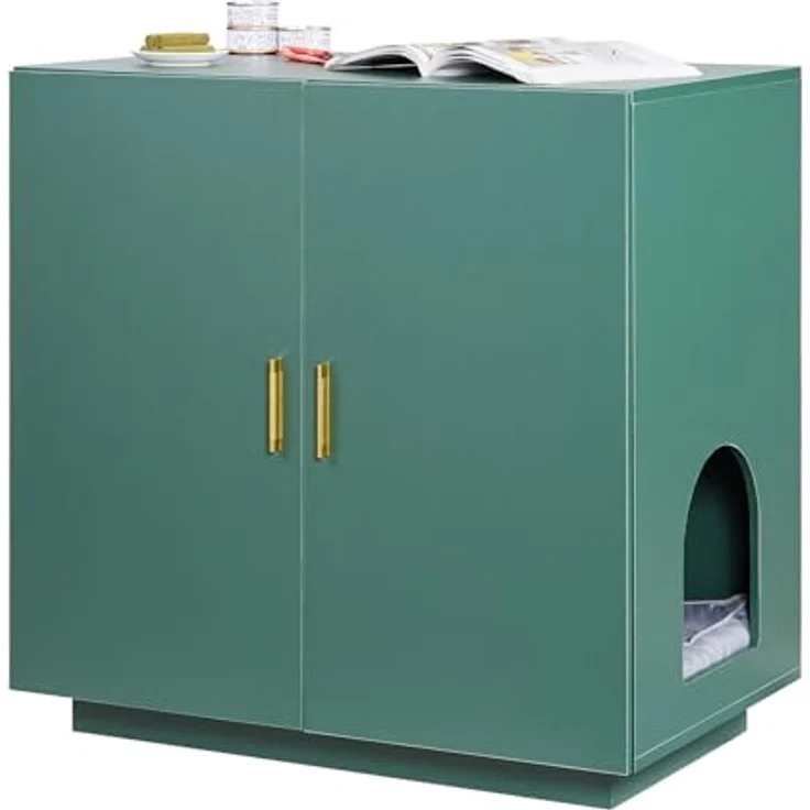 VEVOR Katzenschrank, 800x500x790 mm Holz Katzenklo Schrank mit Belüftung, Doppeltür und Beistelltisch in Dunkelgrün – Bild 1