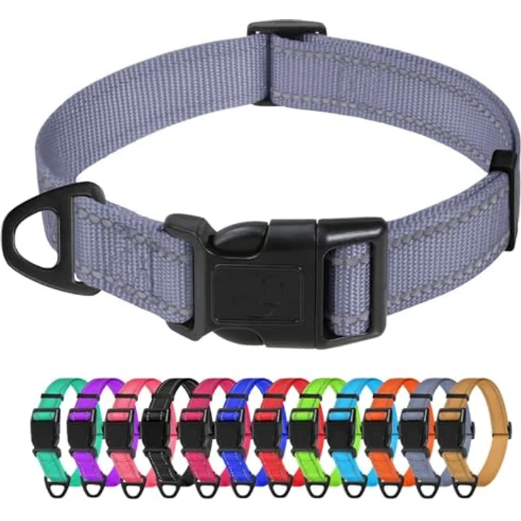 TagME Nylon Hundehalsband, Verstellbares Reflektierendes Hundehalsband mit Sicherheits-Schnalle für große Hunde, Grau, 2.5 cm Breite – Bild 1