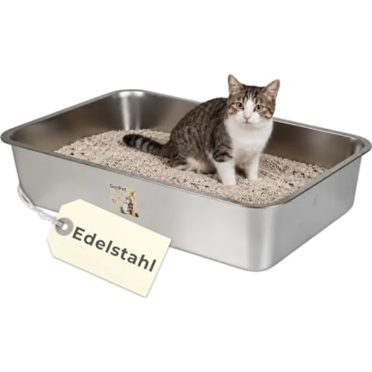 GarPet Katzentoilette XL, Edelstahl Katzenklo aus Silber mit Wanne, 60x40x15 cm – Bild 1