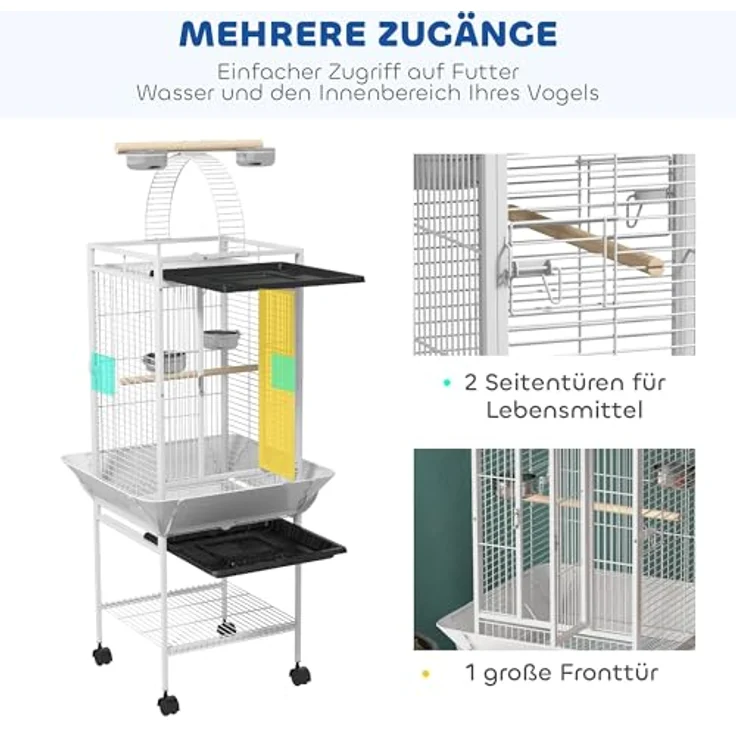 PawHut Vogelkäfig für Nymphensittiche, 3-türiger Papageienkäfig mit 2 Sitzstangen, 360° Rollen, herausnehmbarem Tablett, 62,5x62,5x156cm, Weiß – Bild 5