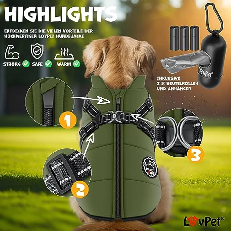 Lovpet LOVPET® Hundejacke mit Geschirr, gefütterte wasserdichte Winterweste in Khaki, inkl. 45 Kotbeutel und Spender, 5XL, gepolstert mit Reflektoren und D-Ring – Bild 4
