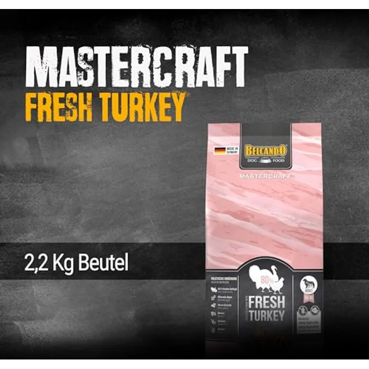 BELCANDO MASTERCRAFT Hundefutter trocken Fresh Turkey, 2,2kg, 80% frisches Truthahnfleisch, getreidefrei, für alle Rassen, Made in Germany – Bild 2